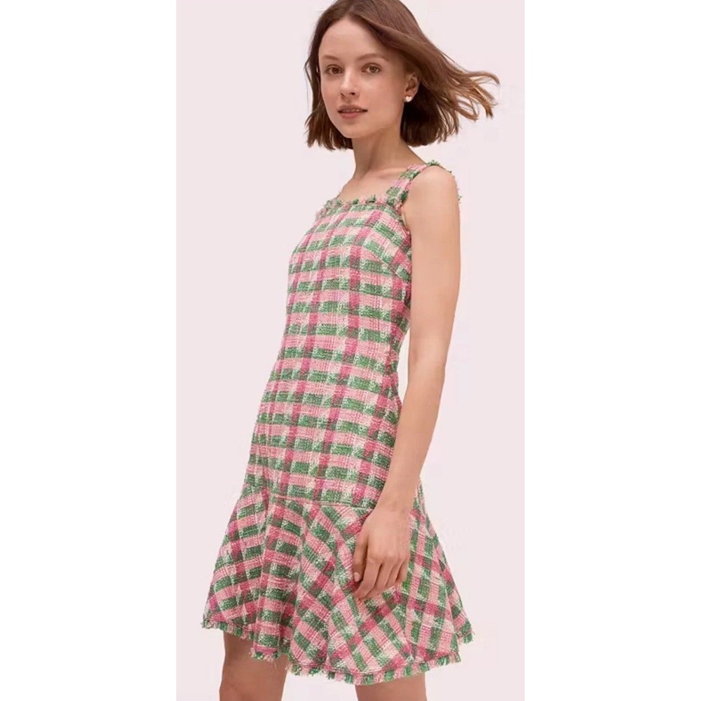 Kate Spade Plaid Tweed‎ Sleeveless drop waist Dress Square Neck Pink Green Sz 10